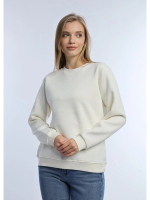 Quhox Kadın Bisiklet Yaka 3 Iplik Şardonlu Sweatshirt Ekru
