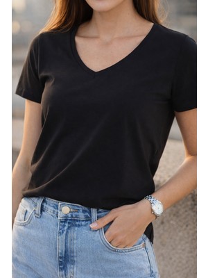 Polo State Kadın Siyah V Yaka %100 Pamuk Basic Tişört