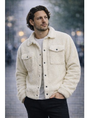 Polo State Erkek Peluş Cep Detaylı Çıt Çıt Kapamalı Sherpa Ceket Ekru