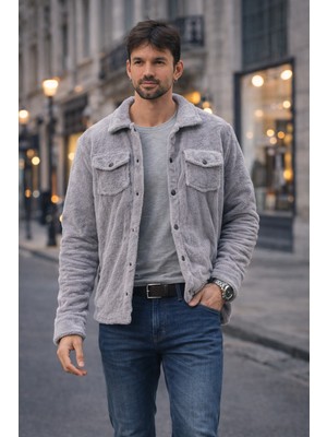 Polo State Erkek Peluş Yumuşak Dokulu Sherpa Ceket Açık Gri