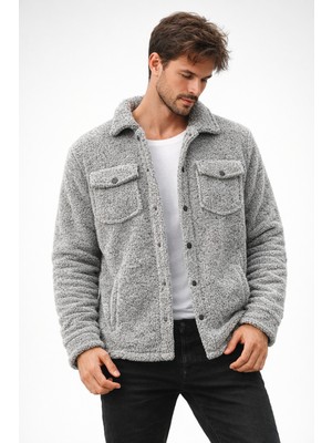Polo State Erkek Peluş Yumuşak Dokulu Sherpa Ceket Gri Melanj