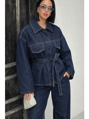 Polo State Lacivert Bağlamalı Denim Takım Oversize Ceket ve Yüksek Bel Pantolon