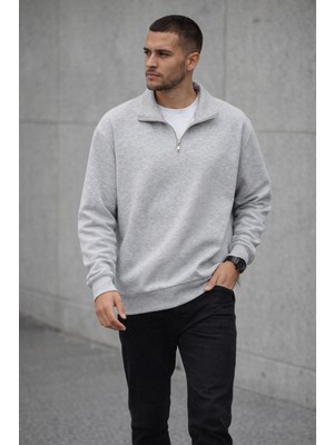 Polo State Unisex Yarım Fermuarlı Dik Yaka Regular Fit Basic Gri Sweatshirt