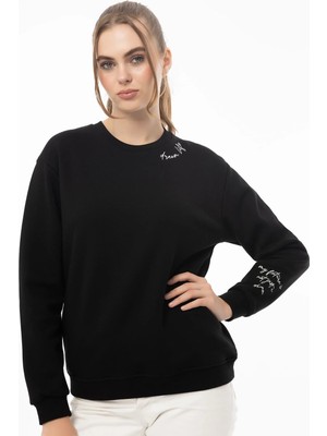 Quhox Kadın 3 Iplik Şardonlu Bisiklet Yaka Sweatshirt Siyah