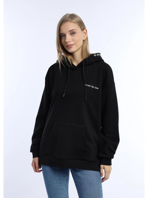 Quhox Kadın Kapüşonlu 3 Iplik Sweatshirt Siyah