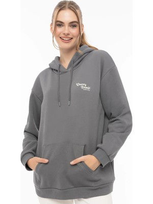 Quhox Kadın Kapüşonlu Cherry Nakışlı Oversize Sweatshirt Füme