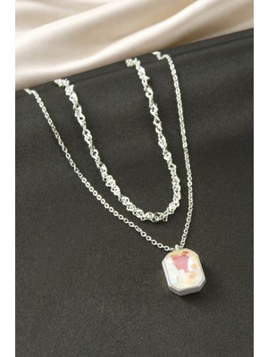 Dikdörtgen Taşlı Çelik Ikili Kolye