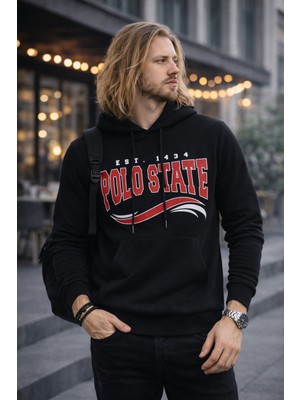 Polo State Erkek Kapüşonlu Baskılı Kanguru Cepli 3 Iplik Şardonlu Siyah Sweatshirt