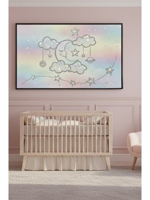 Safir Design Parıltılı Bulutlar ve Gezegenler Temalı Çerçeveli Çocuk Bebek Odası Tablosu