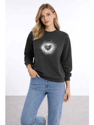 Polo State Kadın Antrasit Kalp Baskılı Regular Sweatshirt Günlük Rahat Basic Sweat