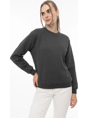 Quhox Kadın Bisiklet Yaka 3 Iplik Şardonlu Sweatshirt Antrasit Melanj