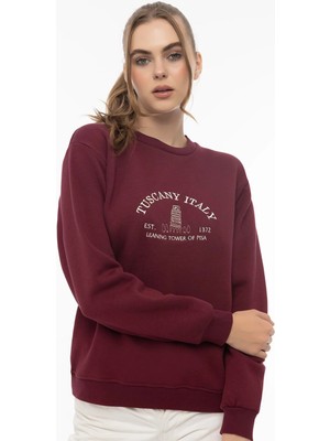 Quhox Kadın Tuscany Italy Nakışlı Sweatshirt Bordo