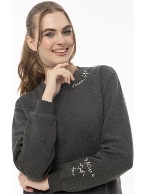 Quhox Kadın 3 Iplik Şardonlu Bisiklet Yaka Sweatshirt Antrasit Melanj