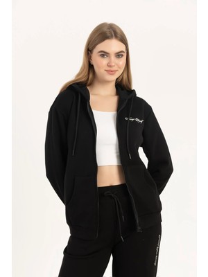 Quhox Kadın Fermuarlı Regular Fit Sweatshirt Siyah