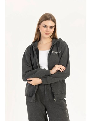 Quhox Kadın Fermuarlı Regular Fit Sweatshirt Antrasit Melanj