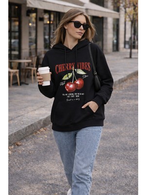 Polo State Kadın Siyah Kiraz Baskılı Oversize Kapüşonlu Sweatshirt Hoodie