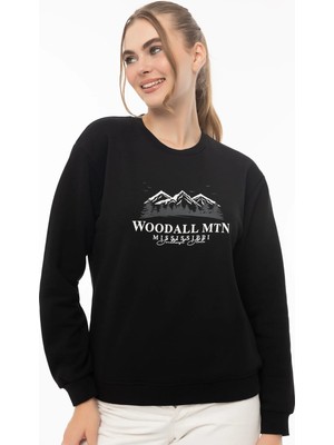 Quhox Kadın 3 Iplik Şardonlu Woodall Mtn Baskıli Sweatshirt Siyah