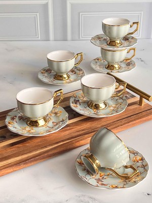 Rossev Porselen Türk Kahve Fincanı 6 Kişilik 12 Parça Eldon Yeşil