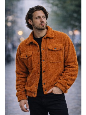 Polo State Erkek Peluş Cep Detaylı Çıt Çıt Kapamalı Sherpa Ceket Tarçın