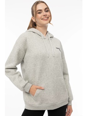 Quhox Kadın Kapüşonlu Cherry Nakışlı Oversize Sweatshirt Gri Melanj
