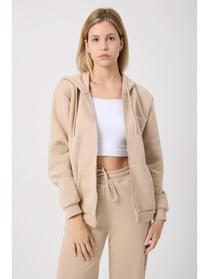Quhox Kadın Fermuarlı Regular Fit Sweatshirt Bej