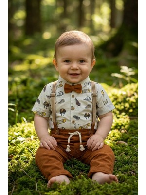 Cattac Kids %100 Pamuklu Erkek Bebek Kaykay Desenli Gömlek Pantolon Askılı Papyonlu 4'lü Takım