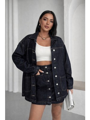 Polo State Kadın Oversize Denim Ceket & Düğmeli Kot Etek Takım