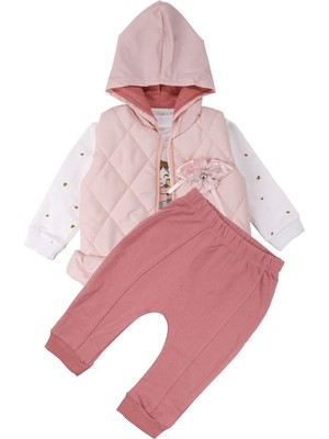 by BebekOdam Kız Bebek Broşlu Pudra Şişme Yelekli Kalpli Badili Üçlü Lüks Takım - 1016443