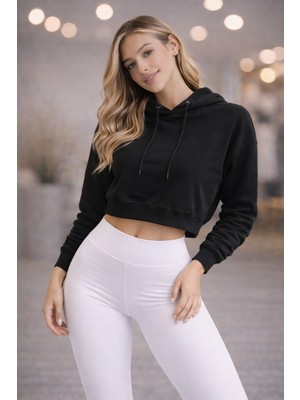 Polo State Kadın Kapüşonlu Crop Sweatshirt Siyah – 3 Iplik Şardonlu Rahat Kalıp