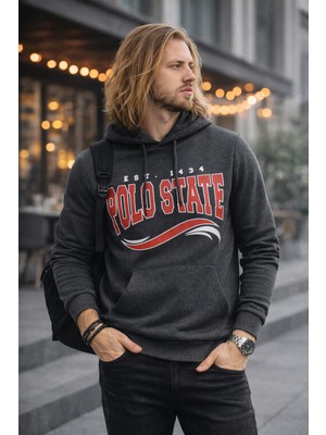 Polo State Erkek Kapüşonlu Baskılı Kanguru Cepli 3 Iplik Şardonlu Antrasit Sweatshirt
