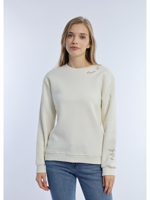 Quhox Kadın 3 Iplik Şardonlu Bisiklet Yaka Sweatshirt Ekru
