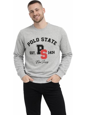 Polo State Erkek 3 Iplik Şardonsuz Pamuklu Regular Fit Baskılı Bisiklet Yaka Gri Sweatshirt