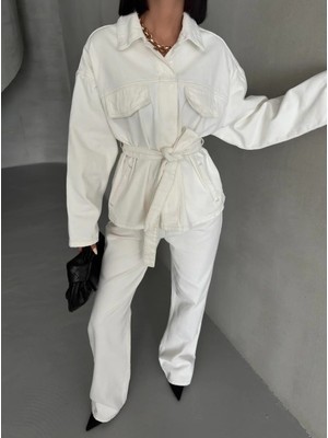 Polo State Beyaz Bağlamalı Denim Takım Oversize Ceket ve Yüksek Bel Pantolon