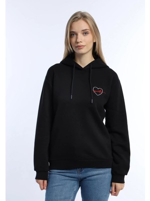 Quhox Kadin Kalp Nakışlı 3 Iplik Sweatshirt Siyah