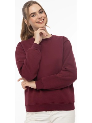 Quhox Kadın Bisiklet Yaka 3 Iplik Şardonlu Sweatshirt Bordo