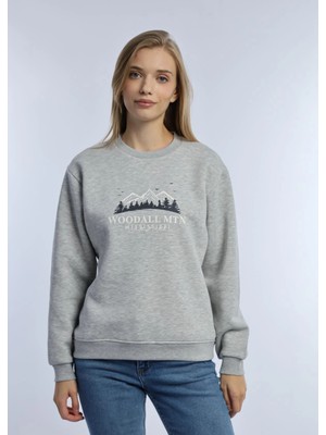 Quhox Kadın 3 Iplik Şardonlu Woodall Mtn Baskıli Sweatshirt Gri Melanj