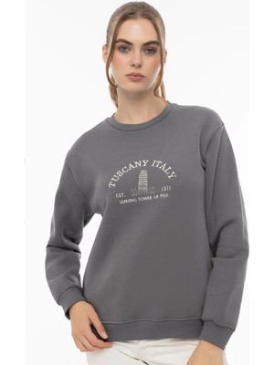 Quhox Kadın Tuscany Italy Nakışlı Sweatshirt Füme