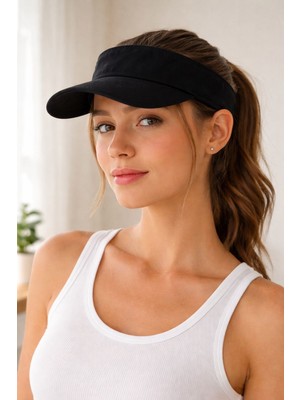 Siyah Kadın Spor Vizör Şapka Yazlık Güneşlik Ayarlanabilir Açık Üst Plaj Tenis Koşu Şapkası