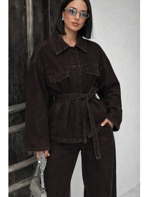 Polo State Kahve Bağlamalı Denim Takım Oversize Ceket ve Yüksek Bel Pantolon