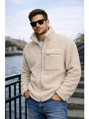 Polo State Unisex Içi Polarlı Peluş Fermuarlı Dik Yaka Göğüs Cepli Bej Ceket