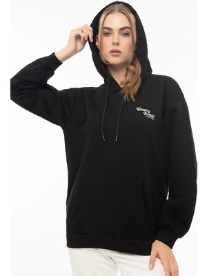 Quhox Kadın Kapüşonlu Cherry Nakışlı Oversize Sweatshirt Siyah