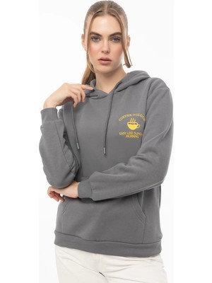 Quhox Kadin Coffe Nakışlı Kapüşonlu Sweatshirt Füme