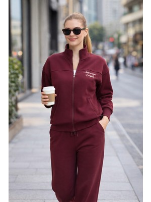 Polo State Kadın Bordo Fermuarlı Sweat Ceket –  Regular Fit Günlük Spor Eşofman Üstü