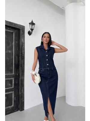 Polo State Kadın Lacivert Denim Yelek Yüksek Bel Uzun Etek Ikili Takım