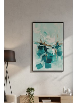 Safir Design Turkuaz ve Altın Detaylı Modern Soyut Çerçeveli Tablo