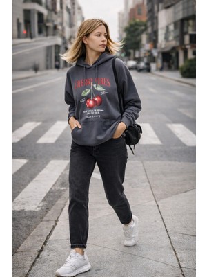 Polo State Kadın Füme Kiraz Baskılı Oversize Kapüşonlu Sweatshirt Hoodie
