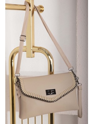 DMC Örgü Dikiş Kapaklı El & Omuz Çantası Bej