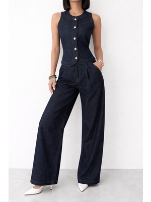 Polo State Kadın Yüksek Bel Geniş Paça Denim Pantolon & Düğmeli Yelek Takım