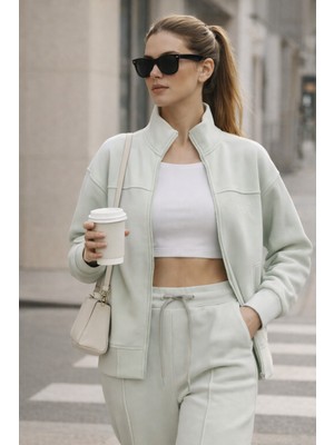 Polo State Kadın Mint Fermuarlı Sweat Ceket –  Regular Fit Günlük Spor Eşofman Üstü