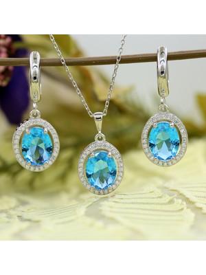 Tb Takı Boom Mavi Taşlı Takı Seti, Akuamarin Kolye Küpe Seti, Oval Gümüş Kolye Küpe Takım,Rodyum Kaplama